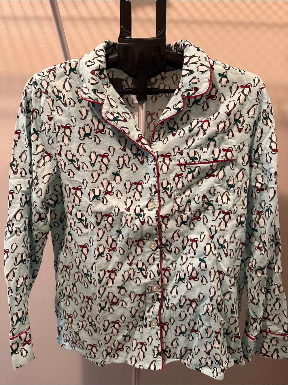 Lands' End Penguin-Print Light Blue Long-Sleeve Pajama Top and Matching Bottoms